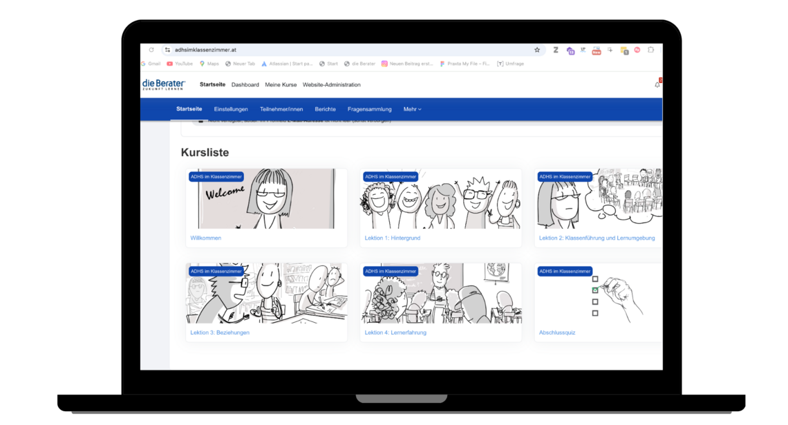 Grafik mit der Startseite der Lernplattform ADHSimKlassenzimmer.at