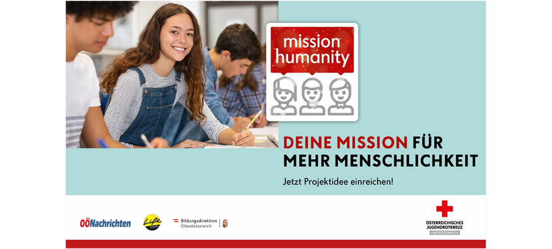 ein lächelndes Mädchen und das Logo für Mission Humanity