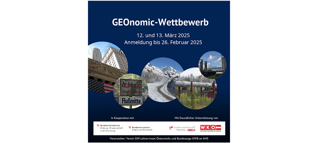 Plakat für den Wettbewerb mit einer Collage von Szenen: New Yorker Börse, Warnschild an der Staatsgrenze, vereiste Bergstraße, Ölpipeline und eine Eisenbahnbrücke