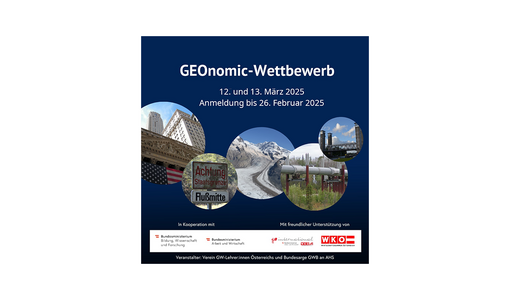 Plakat für den Wettbewerb mit einer Collage von Szenen: New Yorker Börse, Warnschild an der Staatsgrenze, vereiste Bergstraße, Ölpipeline und eine Eisenbahnbrücke