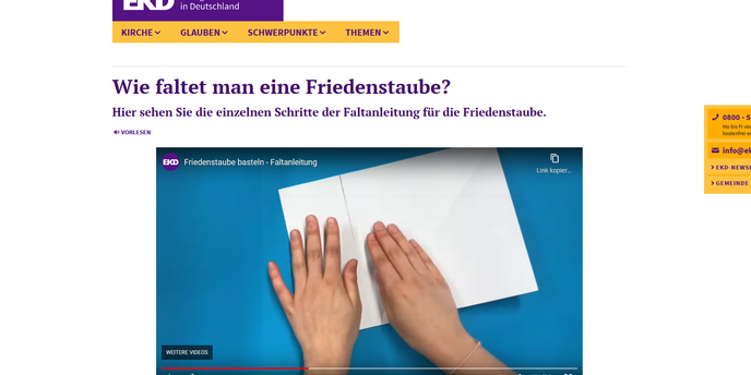 Screenshot Evangelische Kirche Deutschland zur Faltanleitung einer Friedenstaube